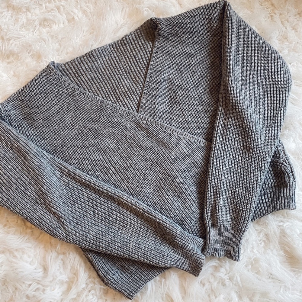 Grey Cropped Wrap Sweater